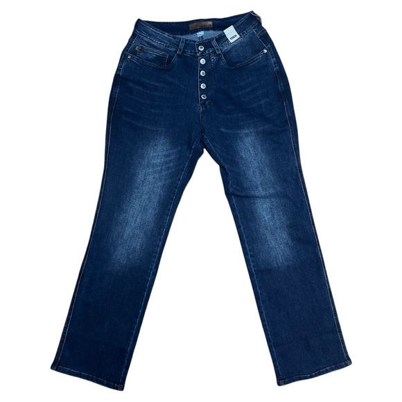 Judy Blue High Waist Exposed Button Fly Straight Jeans NWT In Dark Wash Sz 7/28 - Picture 1 of 15